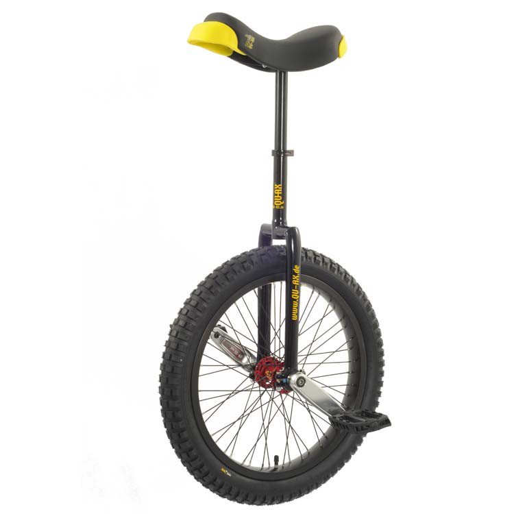 Un monocycle 20 pouce de marque Qu-Ax, résistant et doté d'un large pneu tout-terrain, conçu pour le trial.